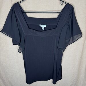 Calvin Klein Womens Black Square Neck Sheer Flutter Sleeve Blouse Large